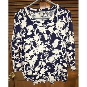 Tommy Bahama Floral Top Womens Large Blue White 3/4 Sleeve Coastal Shirt